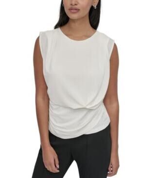 DKNY Women's Petite Sleeveless Draped-Front Top in Ivory